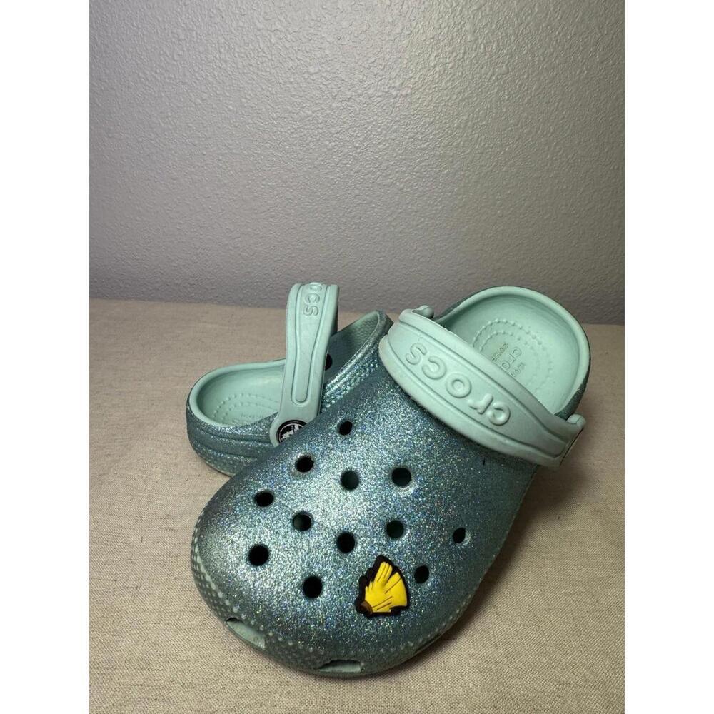 Crocs Classic Clogs Girls Juniors 9 Faux Fur Lined Glitter Teal Slip on Casual